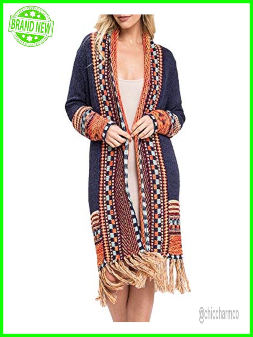 Women's Boho Open Front Maxi Cardigan Sweater Acrylic Tassel Fringe Thin